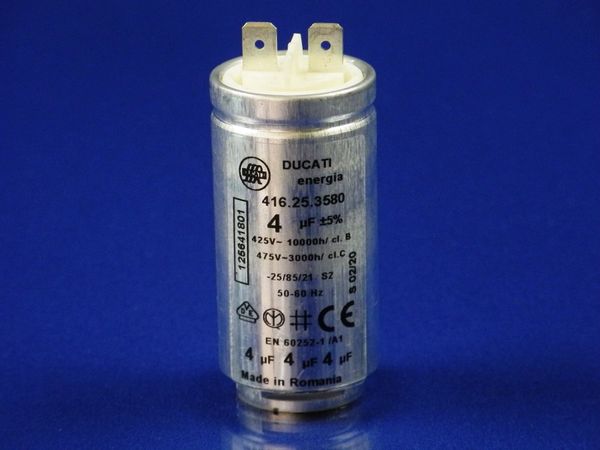 Изображение Пусковой конденсатор 4uF 425V для сушильных машин Zanussi-Electrolux-AEG (1256418011) 1256418011, внешний вид и детали продукта