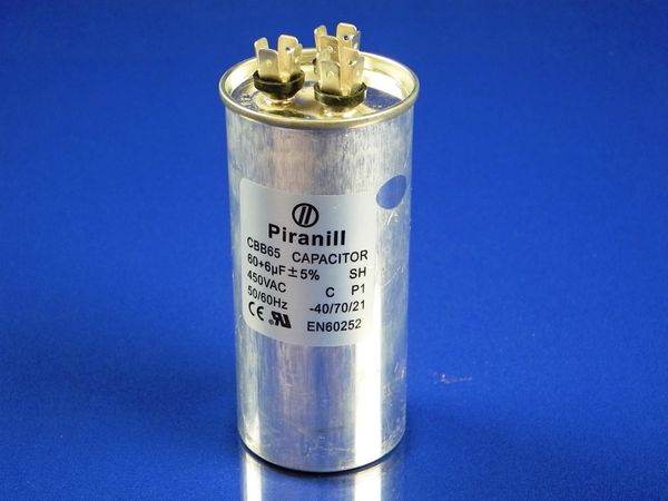 Изображение Пуско-робочий конденсатор в металле CBB65 на 60+6 МкФ 60+6 МкФ, внешний вид и детали продукта