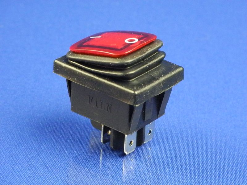 Зображення Перемикач-кнопка із захистом від вологи ON-OFF, червона, 4 контакти 250V, 16A P2-0132, зовнішній вигляд та деталі продукту