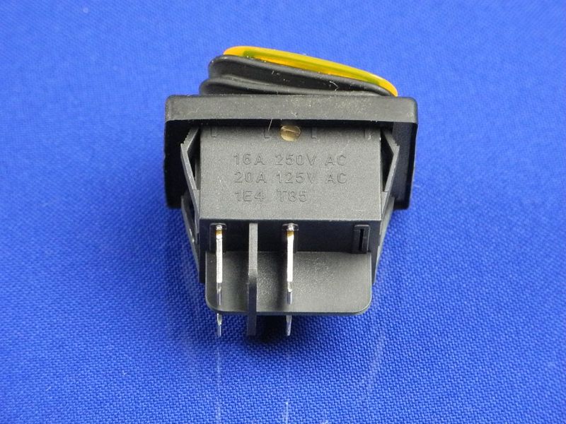 Зображення Перемикач-кнопка із захистом від вологи ON-OFF, жовта, 4 контакти 250V, 16A P2-0133, зовнішній вигляд та деталі продукту