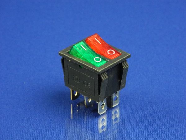Зображення Кнопка подвійна, червона/зелена, 6 контактів KCD6 (250V, 15A) P2-0141, зовнішній вигляд та деталі продукту