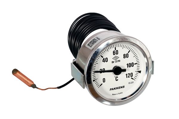 Изображение Термометр для котла Pakkens D=60 мм 0-120°C с капилляром L=2000 мм (6001202) 6001202, внешний вид и детали продукта