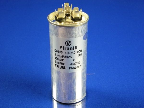 Изображение Пуско-робочий конденсатор в металле CBB65 на 50+6 МкФ 50+6 МкФ, внешний вид и детали продукта