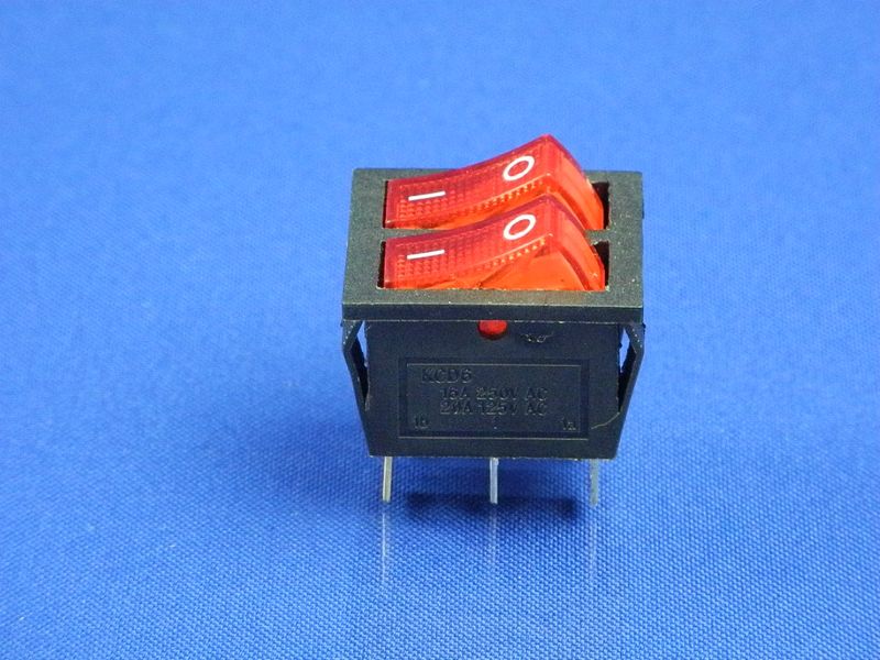 Зображення Кнопка подвійна, червона, 6 контактів KCD6 (250V, 16A) P2-0108, зовнішній вигляд та деталі продукту