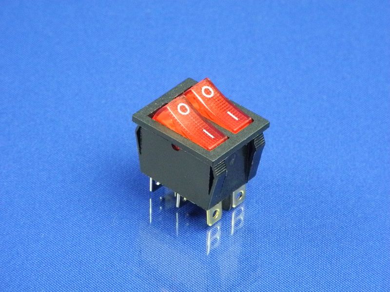 Зображення Кнопка подвійна, червона, 6 контактів KCD6 (250V, 16A) P2-0108, зовнішній вигляд та деталі продукту