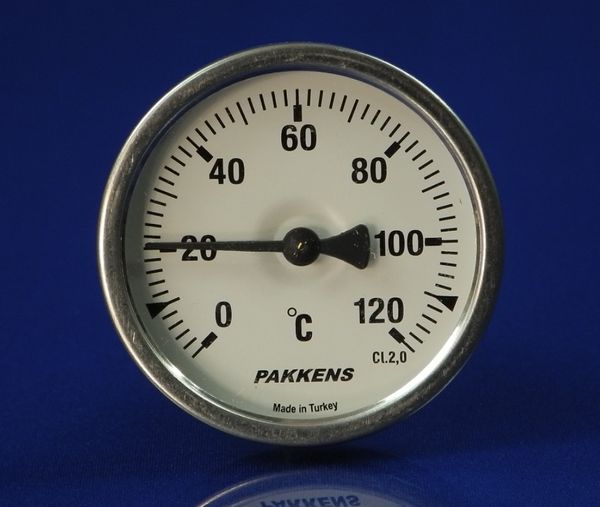 Изображение Термометр биметалический PAKKENS D-63 мм, шток 100 мм, темп. 0-120°C, соед. 1/2 00000015047, внешний вид и детали продукта