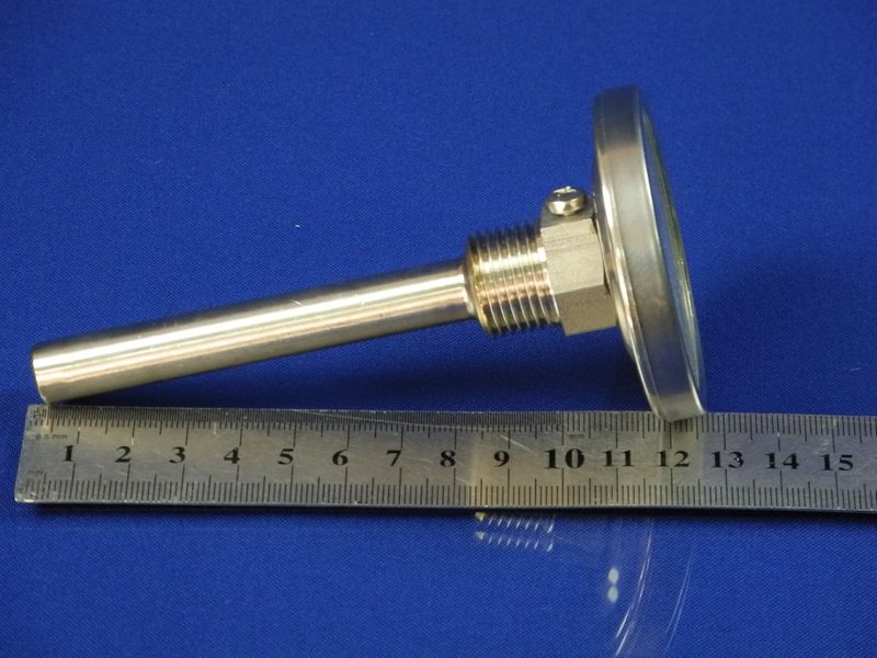 Зображення Термометр біметалевий PAKKENS D-63 мм, шток 100 мм, темп. 0-120°C, з'єднання 1/2 00000015047, зовнішній вигляд та деталі продукту