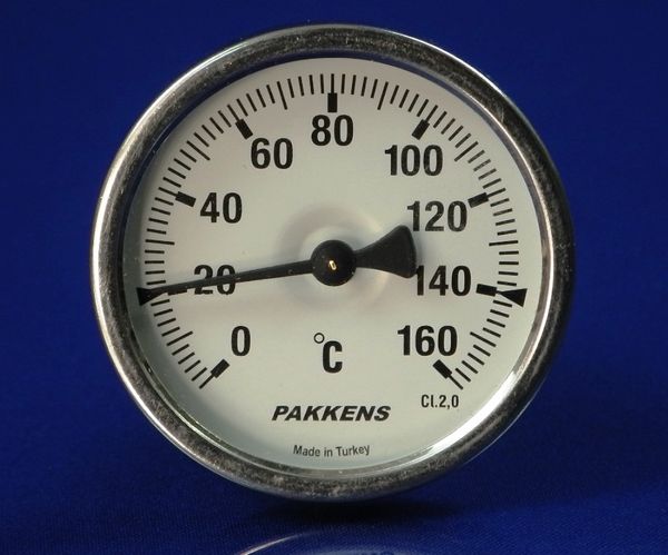 Изображение Термометр биметалический PAKKENS D-63 мм, шток 100 мм, темп. 0-160°C, соед. 1/2 00000015048, внешний вид и детали продукта