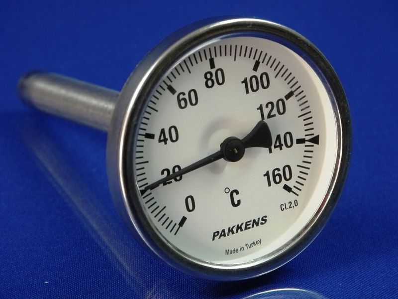 Изображение Термометр биметалический PAKKENS D-63 мм, шток 100 мм, темп. 0-160°C, соед. 1/2 00000015048, внешний вид и детали продукта