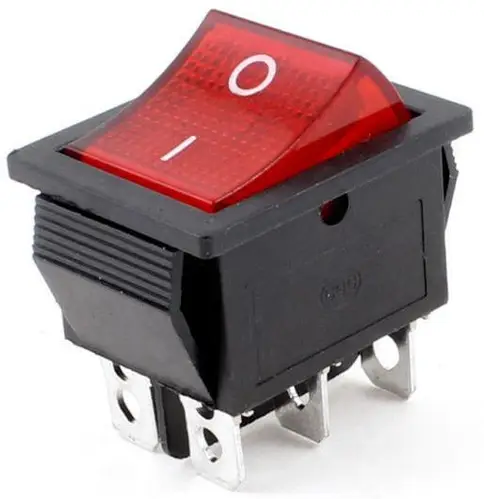 Изображение Кнопка KCD4 (250V, 15/30A) широкая красная, 3 положения, 6 контактов Universal P2-0174, внешний вид и детали продукта