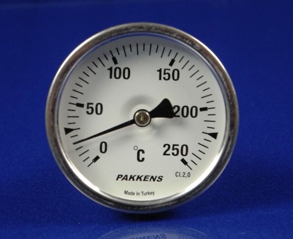 Зображення Термометр біметалевий PAKKENS D-63 мм, шток 100 мм, темп. 0-250°C, з'єднання 1/2 00000015050, зовнішній вигляд та деталі продукту