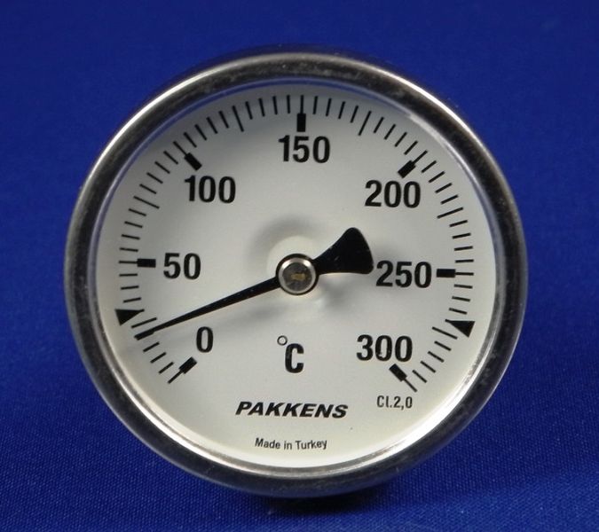 Изображение Термометр биметалический PAKKENS D-63 мм, шток 100 мм, темп. 0-300°C, соед. 1/2 00000015051, внешний вид и детали продукта