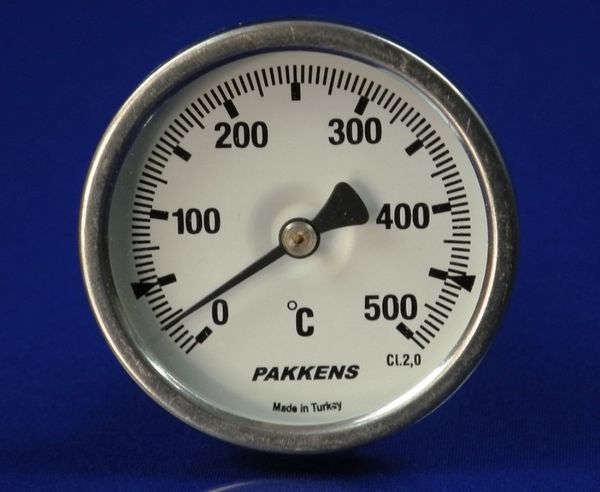 Изображение Термометр биметалический PAKKENS D-63 мм, шток 100 мм, темп. 0-500°C, соед. 1/2 00000015055, внешний вид и детали продукта