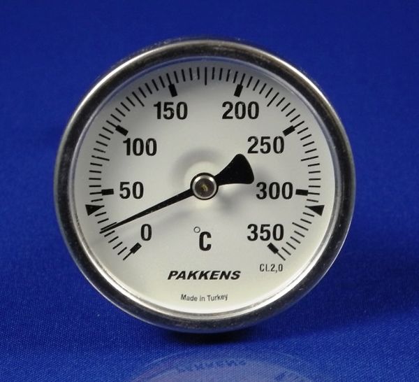 Изображение Термометр биметалический PAKKENS D-63 мм, шток 100 мм, темп. 0-350°C, соед. 1/2 00000015052, внешний вид и детали продукта