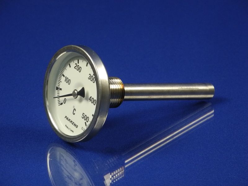 Зображення Термометр біметалевий PAKKENS D-63 мм, шток 100 мм, темп. 0-500°C, з'єднання 1/2 00000015055, зовнішній вигляд та деталі продукту