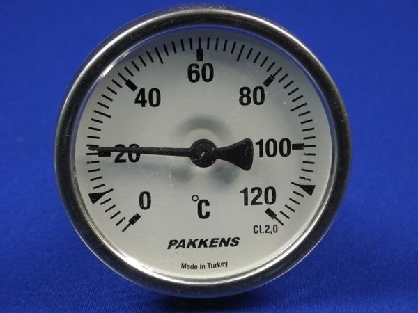 Изображение Термометр биметалический PAKKENS D-63 мм, шток 50 мм, темп. 0-120°C, соед. 1/2 063/402-1, внешний вид и детали продукта