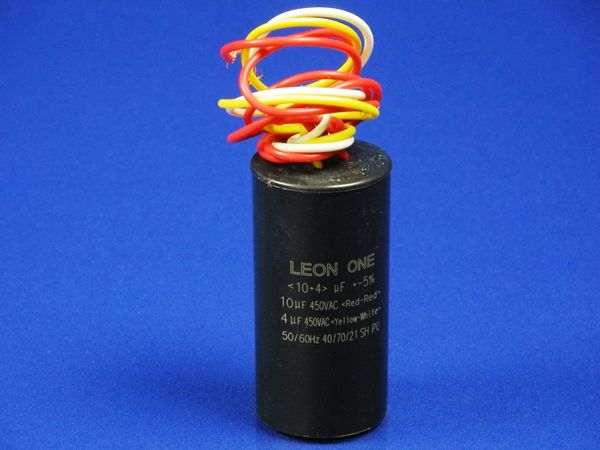 Зображення Пуско-робочий конденсатор у пластику CBB60 на 10+4 МкФ (дріт) 10+4 МкФ, зовнішній вигляд та деталі продукту