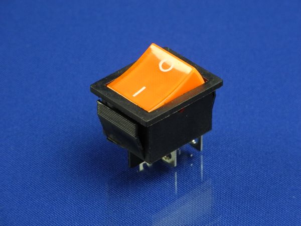Изображение Кнопка оранжевая универсальная широкая KCD2 (250V, 15A, 4 контакта) P2-0100, внешний вид и детали продукта