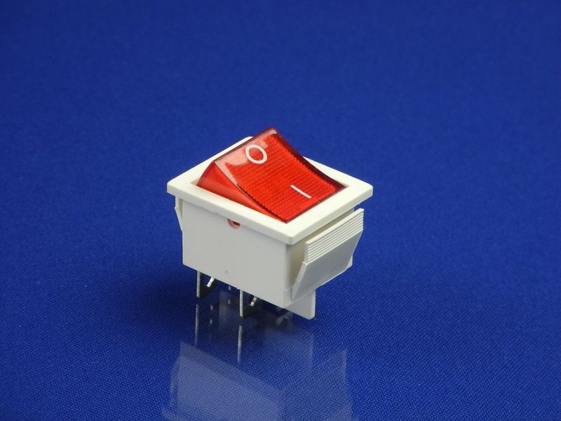 Зображення Кнопка для електроприладів біло-червона KCD2 (250V, 15A, 4 контакти) P2-0063, зовнішній вигляд та деталі продукту