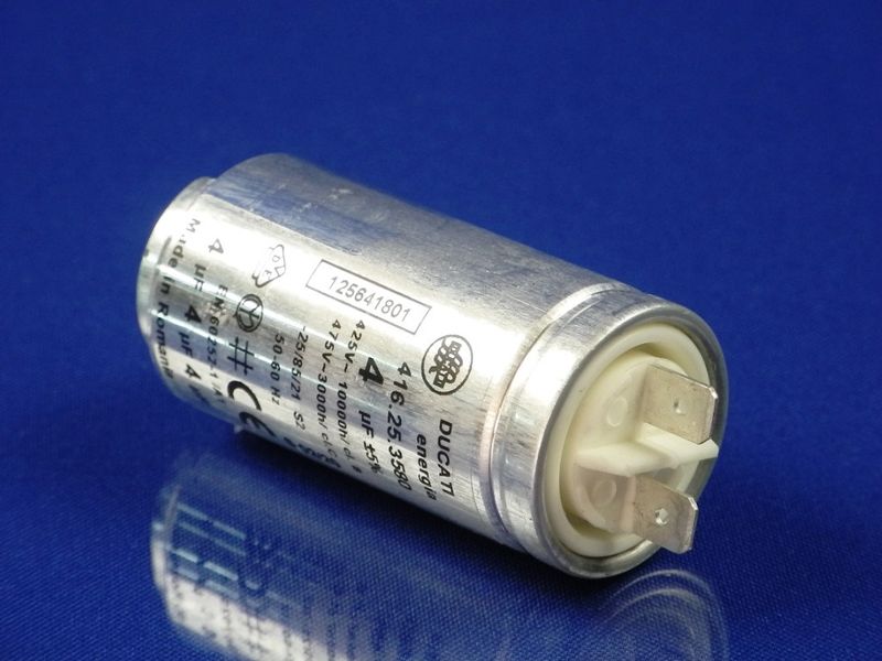 Изображение Пусковой конденсатор 4uF 425V для сушильных машин Zanussi-Electrolux-AEG (1256418011) 1256418011, внешний вид и детали продукта