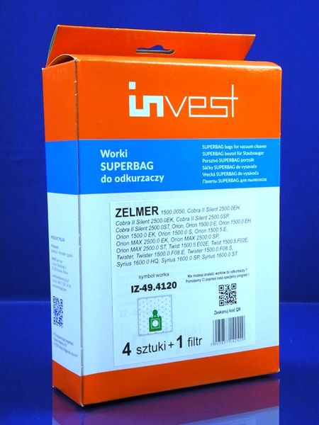 Изображение Набор одноразовых мешков INVEST для пылесоса Zelmer (IZ-49.4120) IZ-49.4120, внешний вид и детали продукта