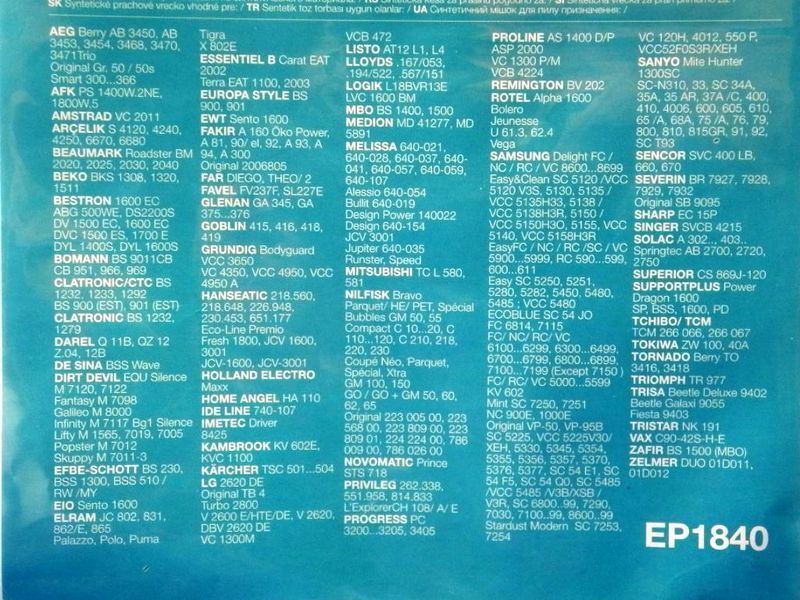 Зображення Набір одноразових мішків EP1840 для пилососу Electrolux та ін. (4 шт.) (900168954) 900168954, зовнішній вигляд та деталі продукту