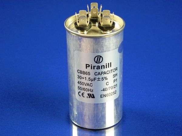 Зображення Пуско-робочий конденсатор у металі CBB65 на 30+1,5 МкФ 30+1,5 МкФ, зовнішній вигляд та деталі продукту