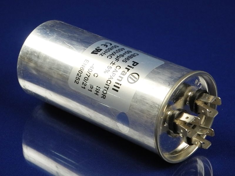 Изображение Пуско-робочий конденсатор в металле CBB65 на 60+6 МкФ 60+6 МкФ, внешний вид и детали продукта