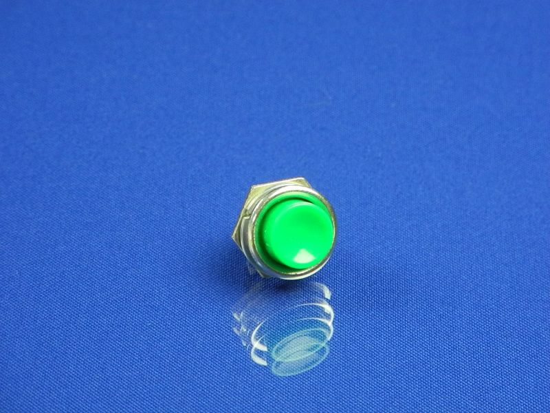 Изображение Кнопка круглая металлическая зеленая ON/OFF 2 контакта P2-0130, внешний вид и детали продукта