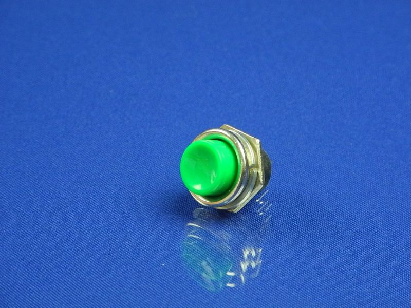Изображение Кнопка круглая металлическая зеленая ON/OFF 2 контакта P2-0130, внешний вид и детали продукта