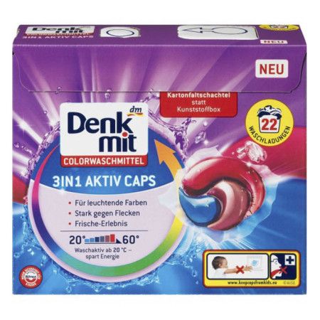 Зображення Капсули для прання DenkMit Aktiv Color 3в1 (для кольорової білизни) 22 штуки по 27 г DenkMitAktivColor3in1, зовнішній вигляд та деталі продукту