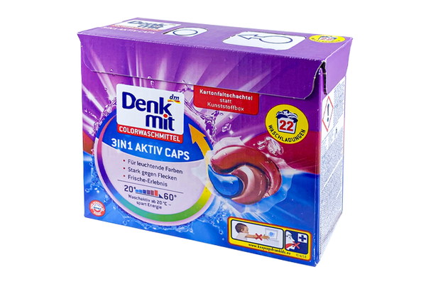 Изображение Капсулы для стирки DenkMit Aktiv Color 3в1 (для цветного белья) 22 штуки по 27 г DenkMitAktivColor3in1, внешний вид и детали продукта