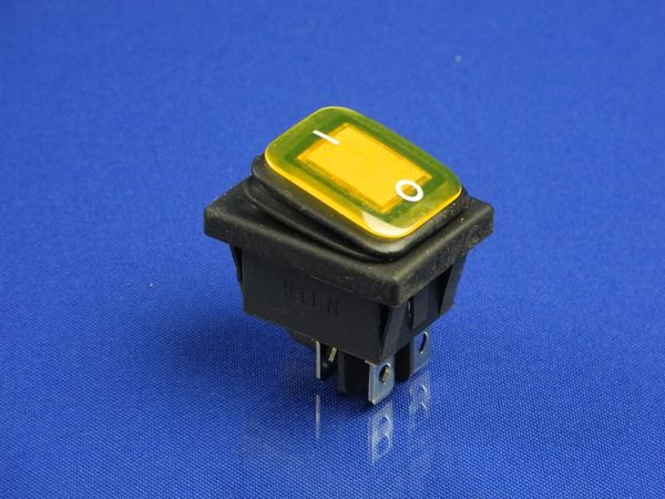 Изображение Переключатель-кнопка с защитой от влаги ON-OFF, желтая, 4 контакта 250V, 16A P2-0133, внешний вид и детали продукта