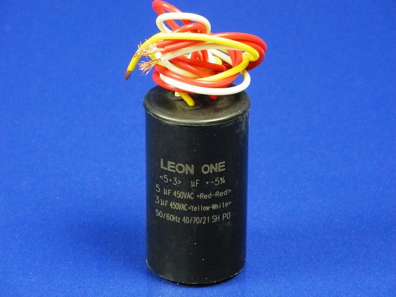 Изображение Пуско-робочий конденсатор в пластике CBB60 на 5+3 МкФ (провод) 5+3, внешний вид и детали продукта