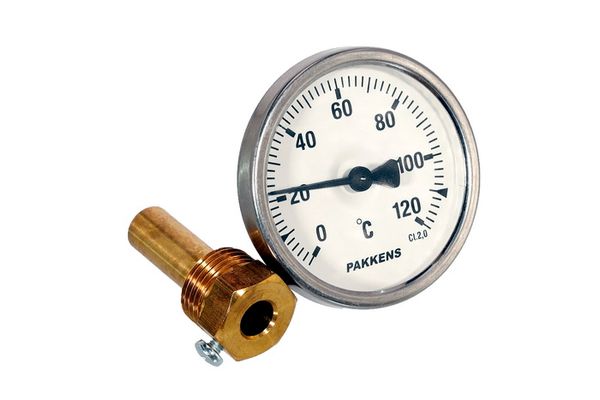 Зображення Термометр для котла Pakkens D=63 мм 0-120°C мм зі штуцером L=48 мм (01206348) 01206348, зовнішній вигляд та деталі продукту