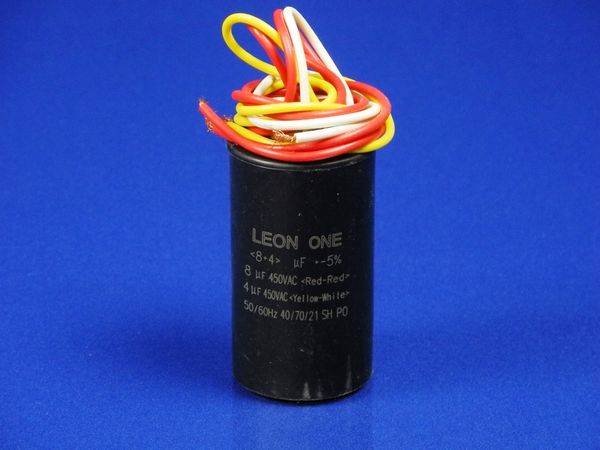 Зображення Пуско-робочий конденсатор у пластику CBB60 на 8+4 МкФ (дріт) 8+4 МкФ, зовнішній вигляд та деталі продукту