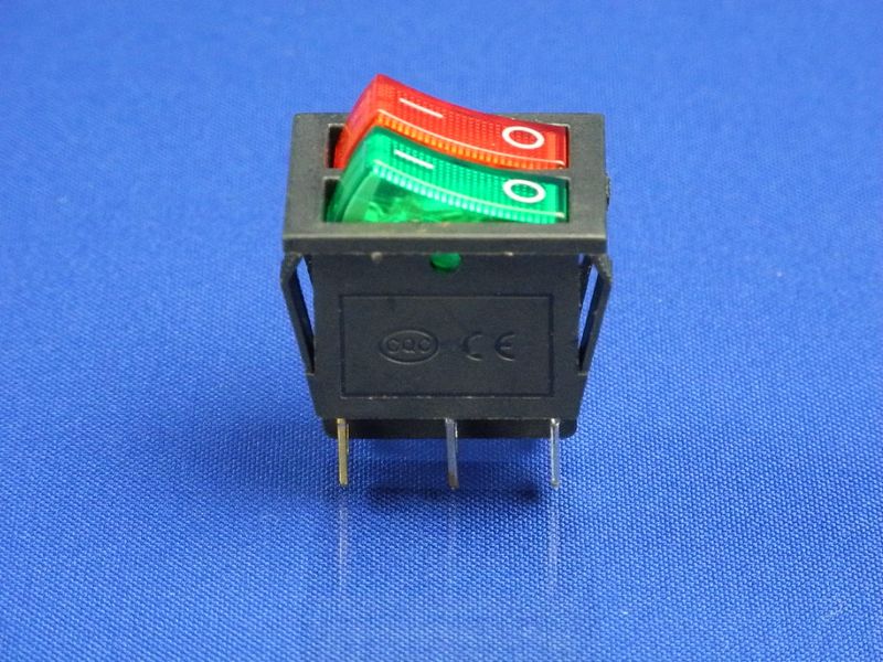 Зображення Кнопка подвійна, червона/зелена, 6 контактів KCD6 (250V, 15A) P2-0141, зовнішній вигляд та деталі продукту