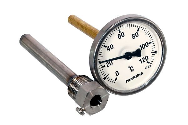 Зображення Термометр для котла Pakkens D=63 мм 0-120°C зі штуцером L=109 мм (630120109) 630120109, зовнішній вигляд та деталі продукту