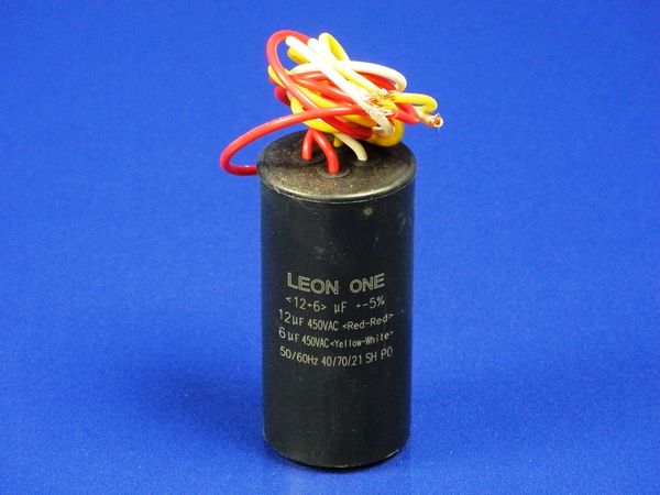 Зображення Пуско-робочий конденсатор у пластику CBB60 на 12+6 МкФ (дріт) 12+6 МкФ, зовнішній вигляд та деталі продукту