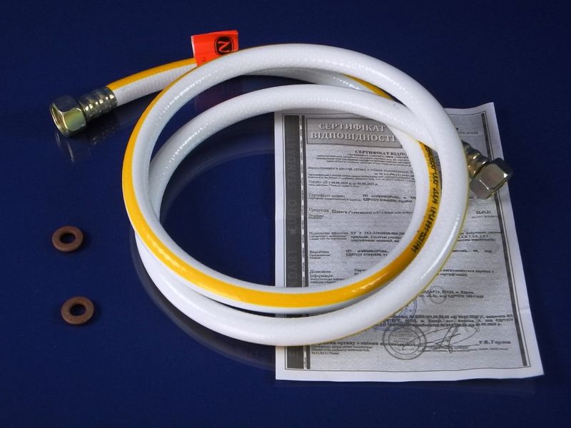 Зображення Шланг ПВХ газовий "Никифоров" L= 1500 мм. 1/2″ сталь/латунь із сертифікатом 1500, зовнішній вигляд та деталі продукту