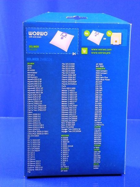 Изображение Набор одноразовых мешков WORWO для пылесоса ZELMER (49.4000), (ZMB02K), (ZVCA100B) ZMB02K_WORWO, внешний вид и детали продукта