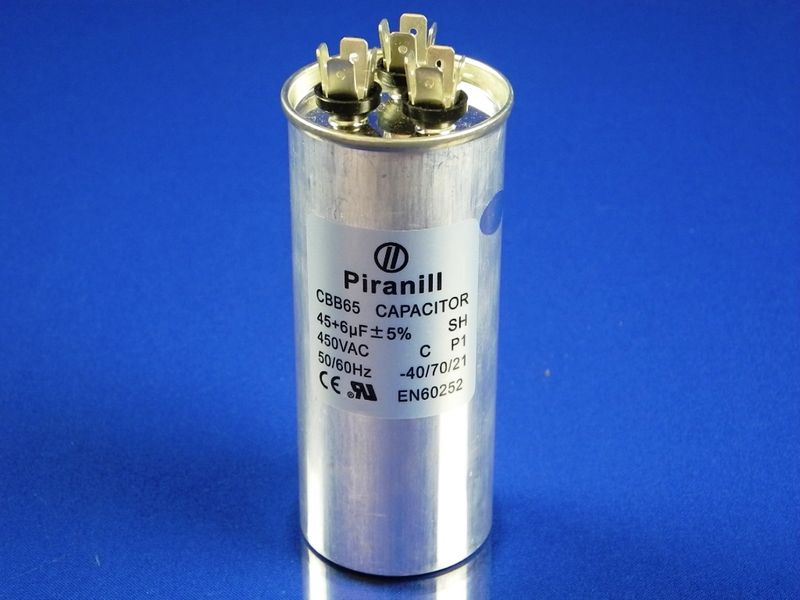 Изображение Пуско-робочий конденсатор в металле CBB65 на 45+6 МкФ 45+6 МкФ, внешний вид и детали продукта