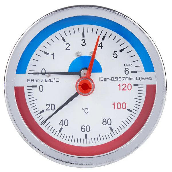Зображення Термоманометр для осьового котла, 0-6 бар, 0-120°C, 1/2", Ø80 мм SD Plus SD1736B SD1736B, зовнішній вигляд та деталі продукту