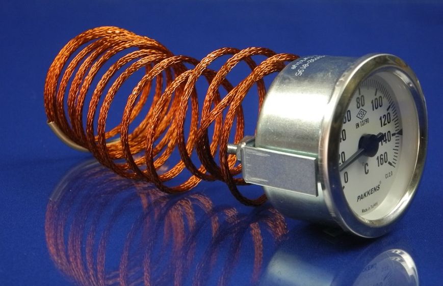 Изображение Термометр капиллярный PAKKENS D=60 мм., капилляр длинной 2 м, темп. 0-160 °C 060/5221406, внешний вид и детали продукта