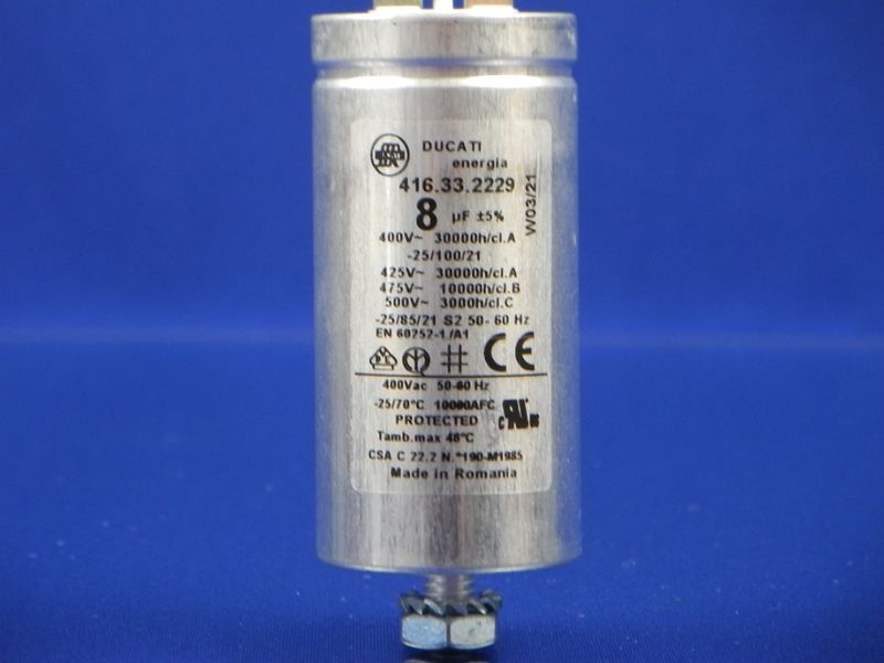Изображение Пусковой конденсатор для стир. машины 8uF 400V (2 клемы) Ariston (C00194453) 194453, внешний вид и детали продукта