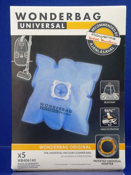Зображення Набір мішків для пилососів Rowenta / Moulinex / Wonderbag + адаптер для пилососа (WB406140) WB406140, зовнішній вигляд та деталі продукту
