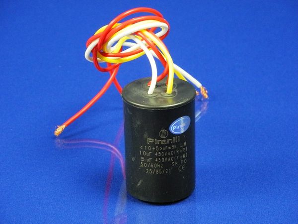 Зображення Пуско-робочий конденсатор у пластику CBB60 на 10+5 МкФ (дріт) 10+5 МкФ, зовнішній вигляд та деталі продукту