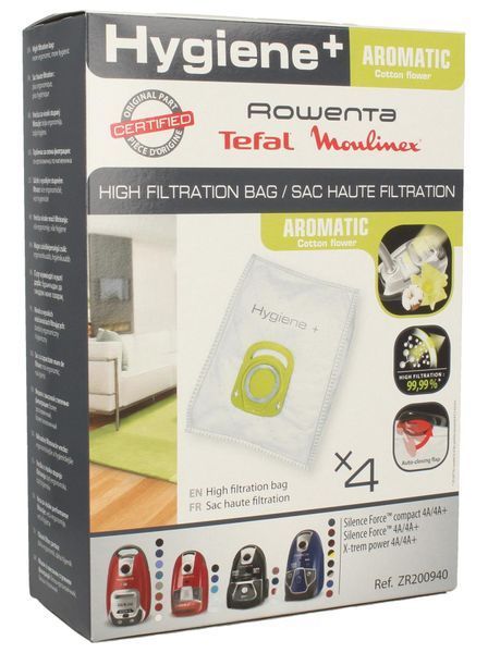 Изображение Мешки пылесоса Rowenta Hygiene+ Aromatic 4 шт 4.5 л Cotton Flower (ZR200940) ZR200940, внешний вид и детали продукта