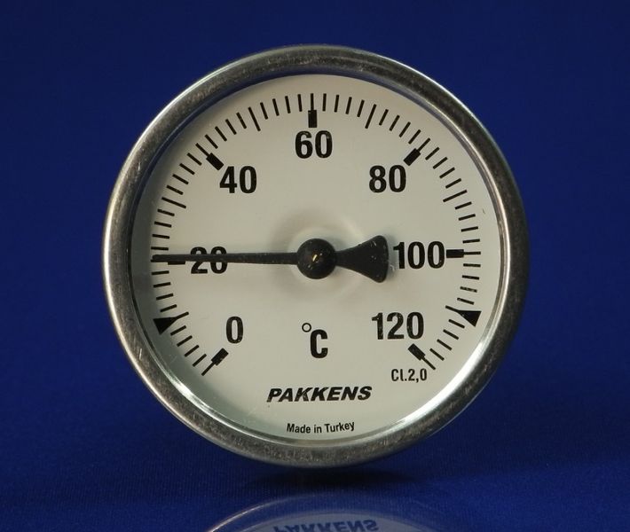 Зображення Термометр біметалевий PAKKENS D-63 мм, шток 100 мм, темп. 0-120°C, з'єднання 1/2 00000015047, зовнішній вигляд та деталі продукту