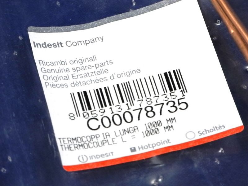 Изображение Термопара (газ-контроль) конфорки для газовой плиты 1000 мм. INDESIT (C00078735) 78735, внешний вид и детали продукта